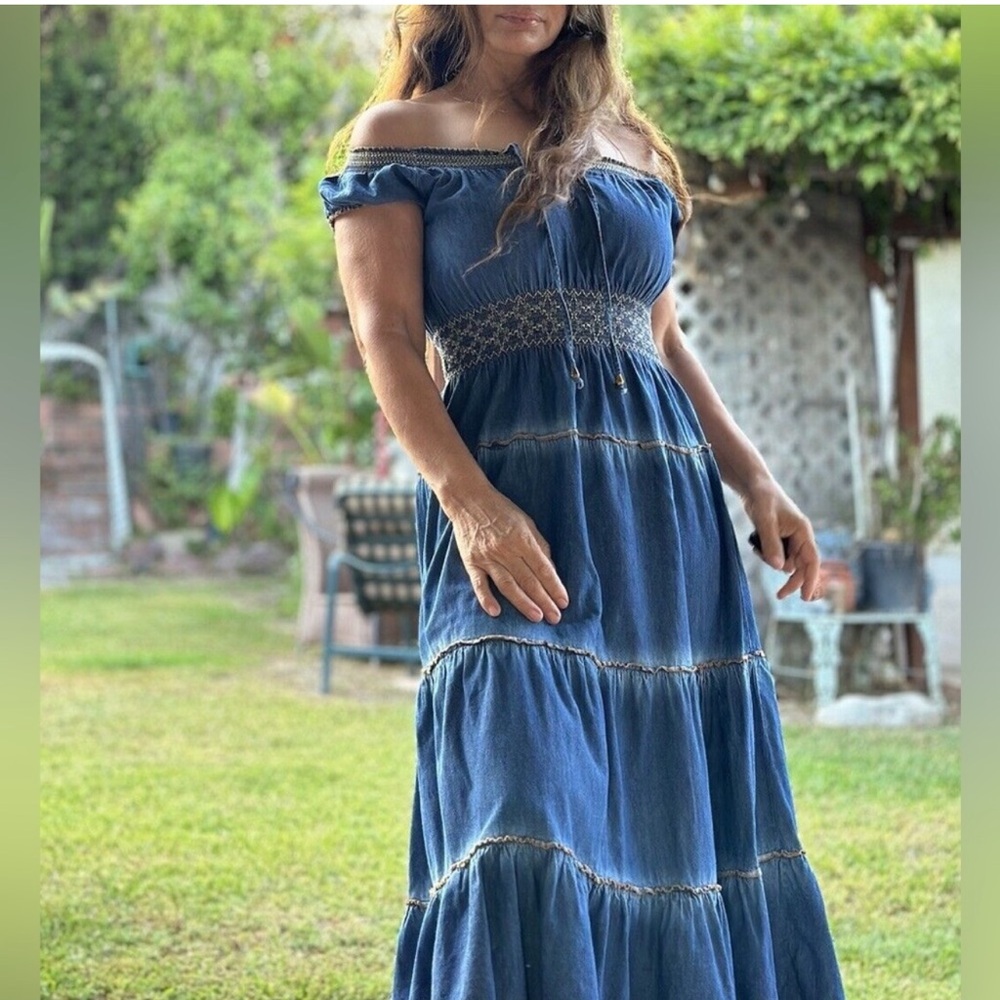 Lapis Anthropologie On or Off Shoulder Chambray Tiered Smocked Maxi Dress L